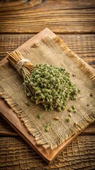 Dried oregano on crumpled brown paper on burlap with rustic wooden table background