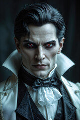 Portrait of a vampire man with glowing red eyes, pale skin, and gothic costume