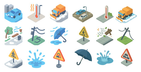 Weather emergency isometric icons set – 3d, crisis and natural disaster symbols