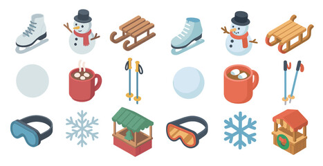 Winter sports and activities icons set – isometric, 3d, snow and seasonal symbols