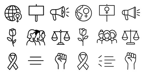 Gender equality line icons set – outline, advocacy, social justice symbols