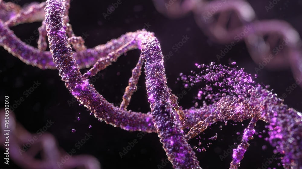 Poster microscopic view of dna structure deteriorating gradually with a swirling purple radiation field hig