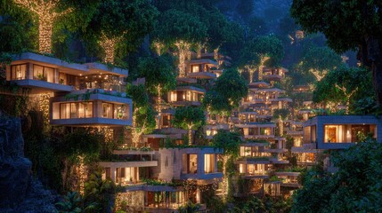 Nighttime Jungle Village with Illuminated Modern Houses