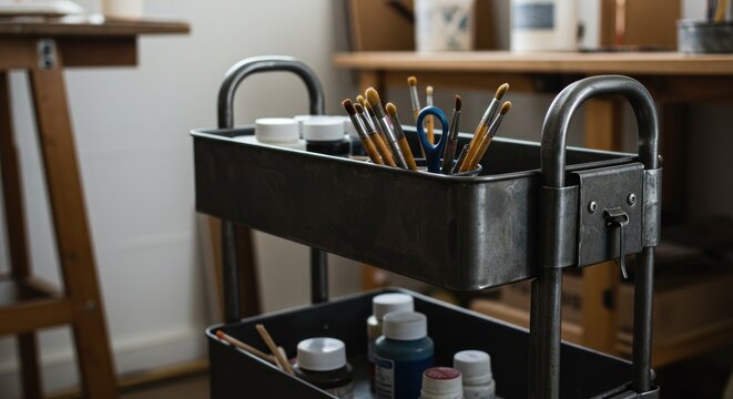 Dark gray metal art cart, two tiers, filled with paint, brushes, and other art supplies