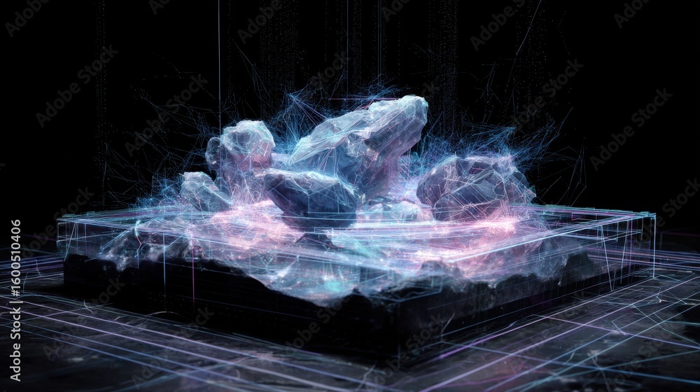 Poster complex automated system displays realtime analysis of melting meteorite shards, holographic project