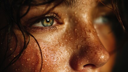 Extreme closeup on woman's face covered in sweat after intense workout, showing determination