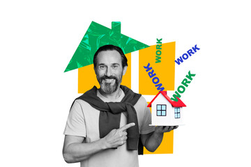 Composite sketch image artwork collage of office worker career indoors comfortable workspace aged man hand hold house finger show choose