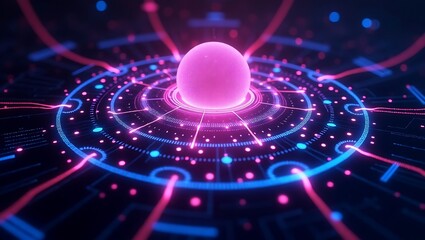 Futuristic technology background with glowing sphere and circuit board design for digital innovation 