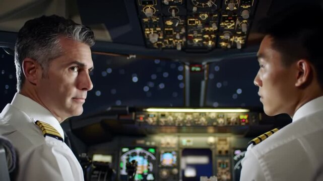 Cockpit View of Pilots During Night Flight