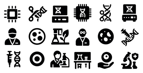 Biotechnology and science icons set – filled, solid, lab and genetic research elements