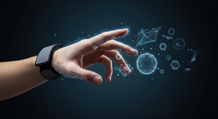 A hand wearing a futuristic watch, interacting with abstract geometric shapes