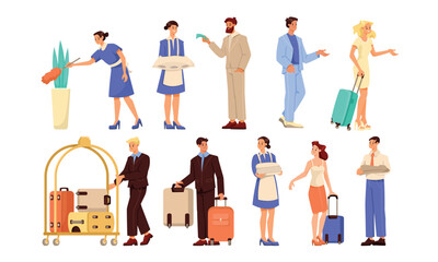 A beautifully stylized illustration showcasing the interaction between hotel staff and guests