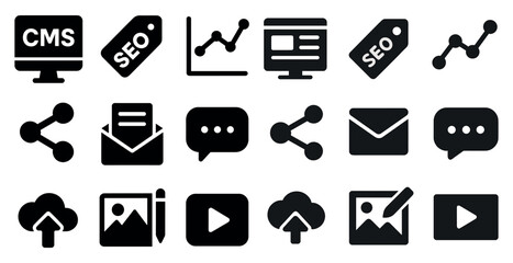 Digital marketing solid icons set &ndash; filled, seo, analytics and web optimization symbols