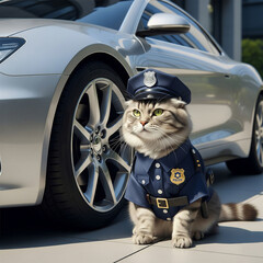 Cat dressed as a police officer guarding a new sports car