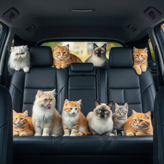 Various cats and kittens in the back of a modern vehicle