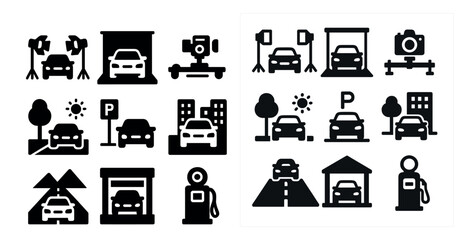 Automotive and car services icons set – solid, silhouette, vehicle symbols