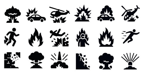 Obraz premium Disaster and emergency silhouette icons set – solid, crisis, emergency symbols