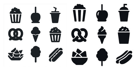Snacks and treats silhouette icons set – solid, filled, food and beverage symbols