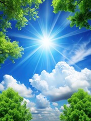 Obraz premium A bright sunny sky with fluffy white clouds and a few green trees in the background