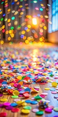 Fototapeta premium Colorful confetti scattered on the floor with a blurred background of a party decoration