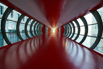 Red Bridge at Nazarbayev University, Astana, Kazakhstan. It is a famous icon on the campus. The red...