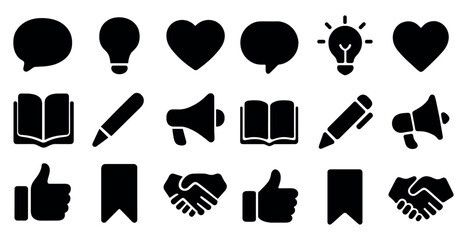 Business communication silhouette icons set – flat, filled, corporate symbols