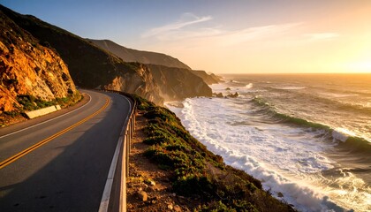Coastal road with crashing waves scenic