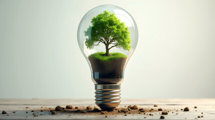 Clear light bulb with a lush green tree inside, symbolizing nature and technology