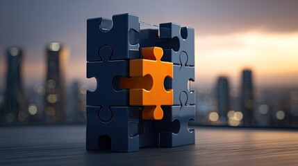 Orange Puzzle Piece Among Blue Ones Against City Sunset