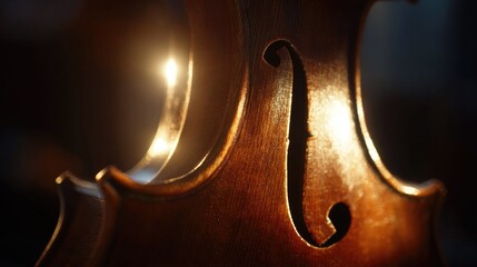 Close-up of a violin's back, highlighted by warm light