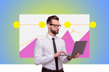 Collage Featuring Excited Business person With Business Chart Pie Graph Analyzing Data Statistics Concept