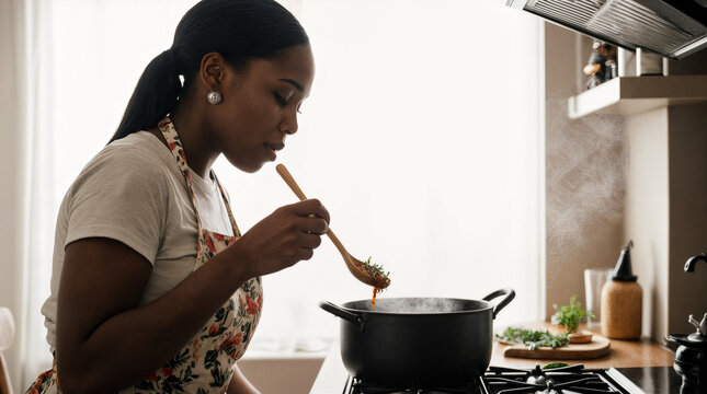 Curvy black woman tasting sauce from wooden spoon in farmhouse kitchen  