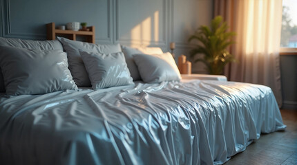 Cozy sofa covered with silver plastic sheet in sunlit living room  