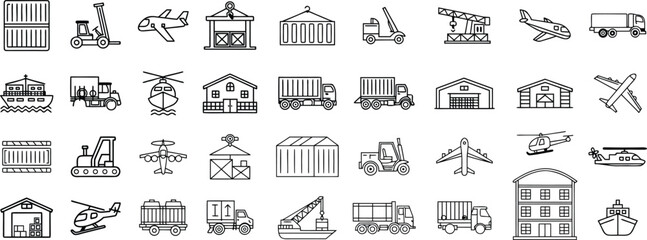 Outline Icons of Logistics, Transport, Cargo Delivery, Warehouses, Forklifts, Helicopters, Trucks, Ships, Cranes, Containers, and Airplanes for Industrial and Freight Use