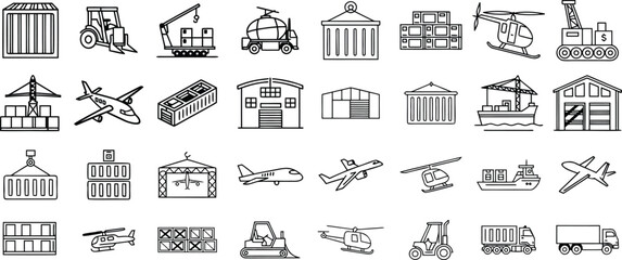 Logistics and Transport Icons Set with Airplanes, Ships, Containers, Warehouses, Helicopters, Trucks and Construction Vehicles in Outline Style for Supply Chain and Cargo Delivery