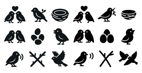 Obraz premium Birds and nests silhouette icons set – simple, outline, nature and wildlife graphics