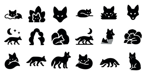 Fototapeta premium Fox silhouette icons set – solid, outline, animal and nature symbol collection