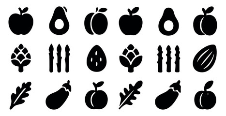 Fruits and vegetables solid icons set – silhouette, filled, healthy food symbols