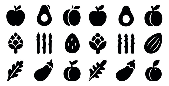 Fruits and vegetables solid icons set – silhouette, filled, healthy food symbols