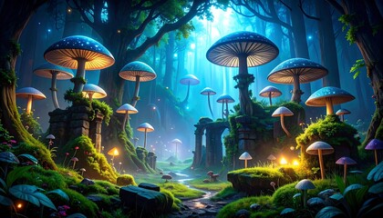 Mystical mushroom forest path