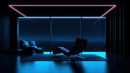 Modern minimalist interior with neon lighting overlooking cityscape.