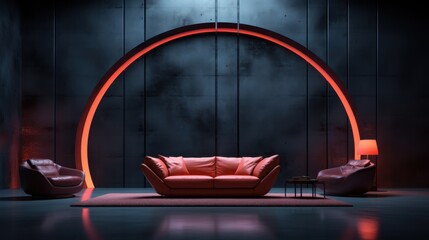 Modern living room with stylish red furniture under ambient lighting.