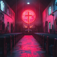 Dimly lit church with a glowing red neon cross illuminating the altar.