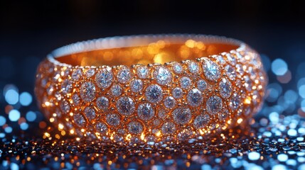 Elegant diamond-encrusted gold bracelet amidst sparkling bokeh.