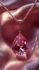 Elegant pink gemstone pendant on silky fabric background.