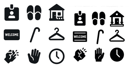 Fototapeta premium Hospitality solid icons set – flat, filled, welcome and lodging symbols