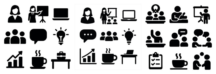 Business meeting solid icons set – filled, conference, corporate communication symbols
