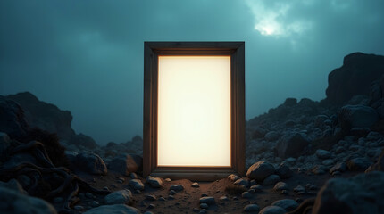 Glowing empty white photo frame with wooden border, set in a desolate rocky landscape