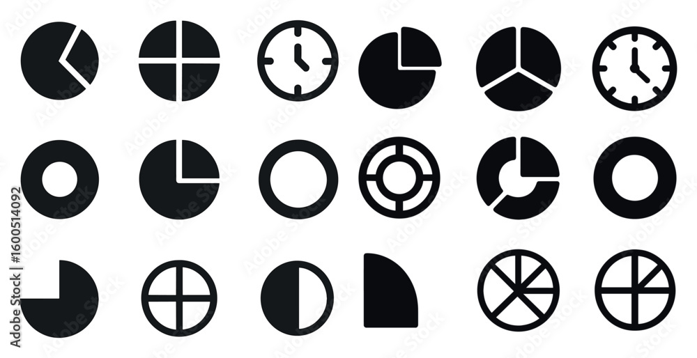 Poster time and clock solid icons set – silhouette, filled, scheduling and hour symbols