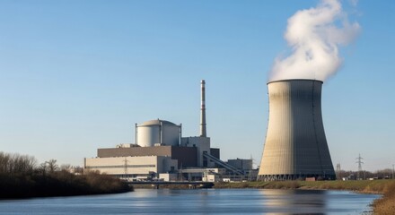 A nuclear power plant with its reactor building and one cooling tower emitting steam, located on the bank of a wide river.